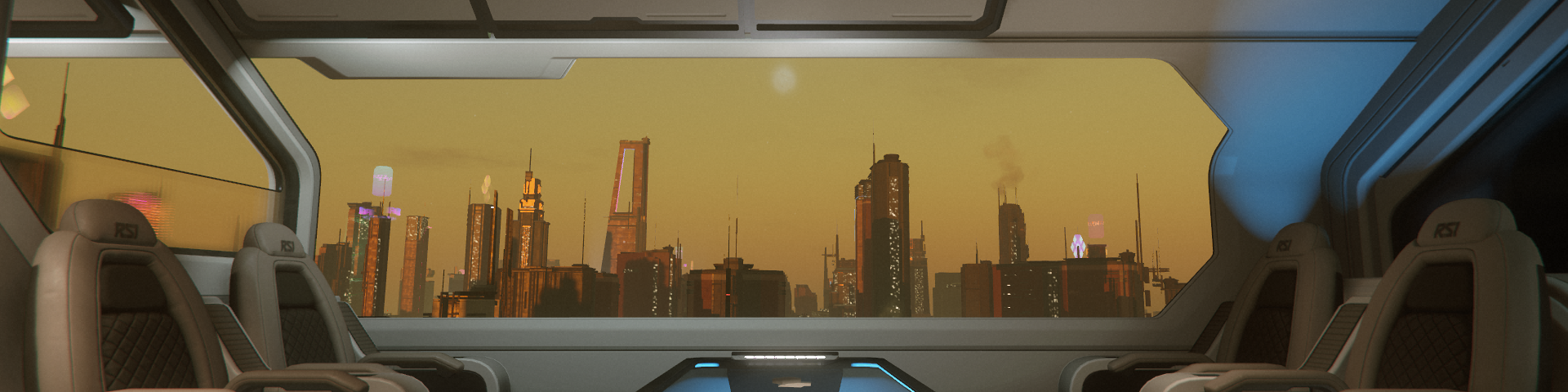 City skyline seen through the window of a space ship landed on a rooftop pad.